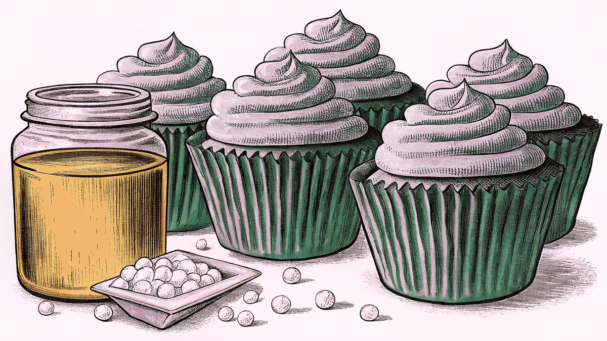 Golden honey and frosted cupcakes with scattered sugar sit on a home table.