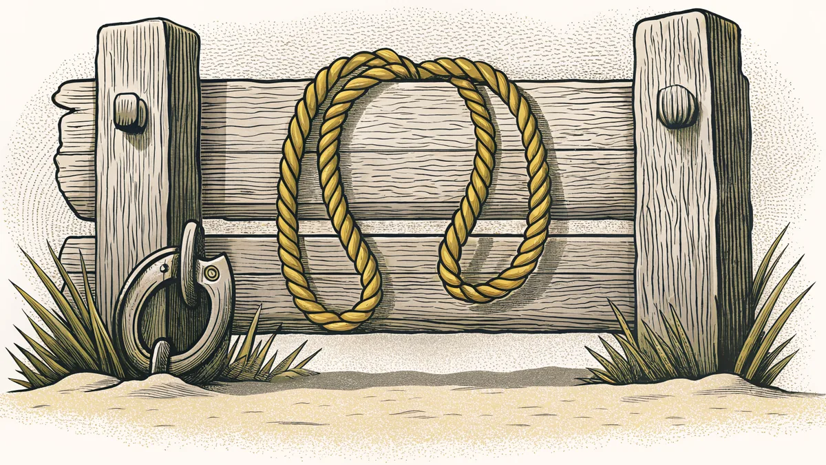 A coiled lariat rope hanging beside a curved metal latch on a weathered fence rail.