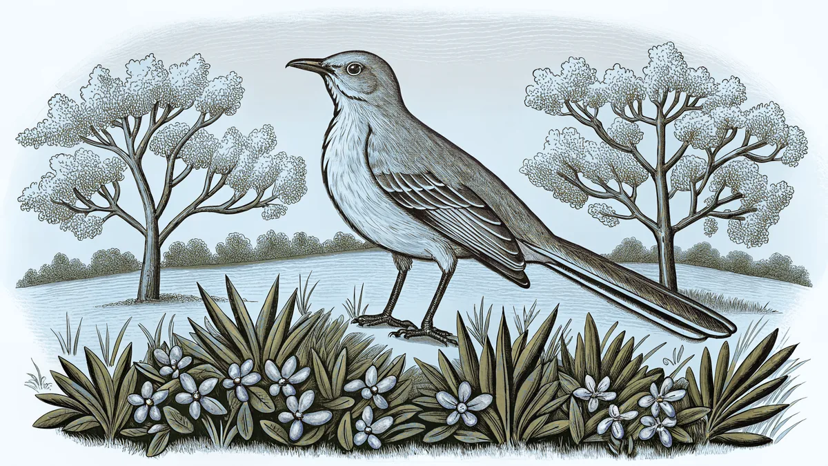 A mockingbird stands guard above a field of bright bluebonnets and pecan trees.