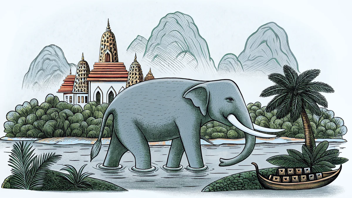 An elephant splashes through Thailand's famous floating market amid temple boats and vendors