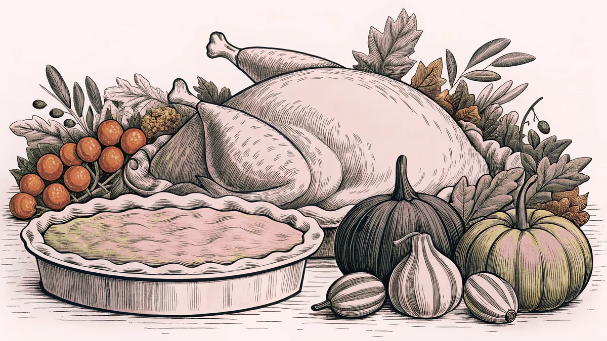 A golden-roasted turkey displayed alongside a steaming pumpkin pie and squash.