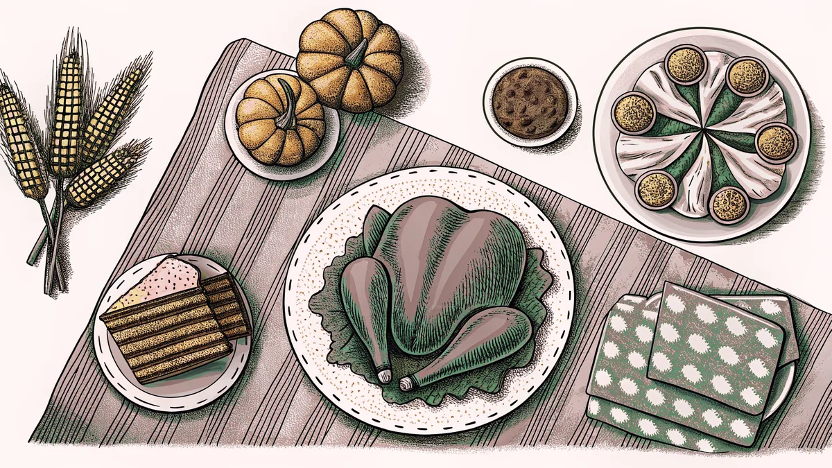 Canadian Thanksgiving fare featuring turkey and traditional regional desserts on a festive table.