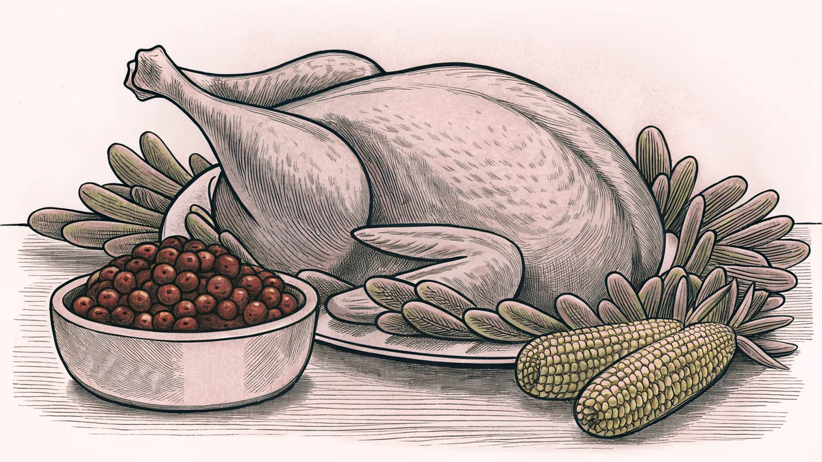 A roast turkey with cranberries and corn cobs on a laid table.
