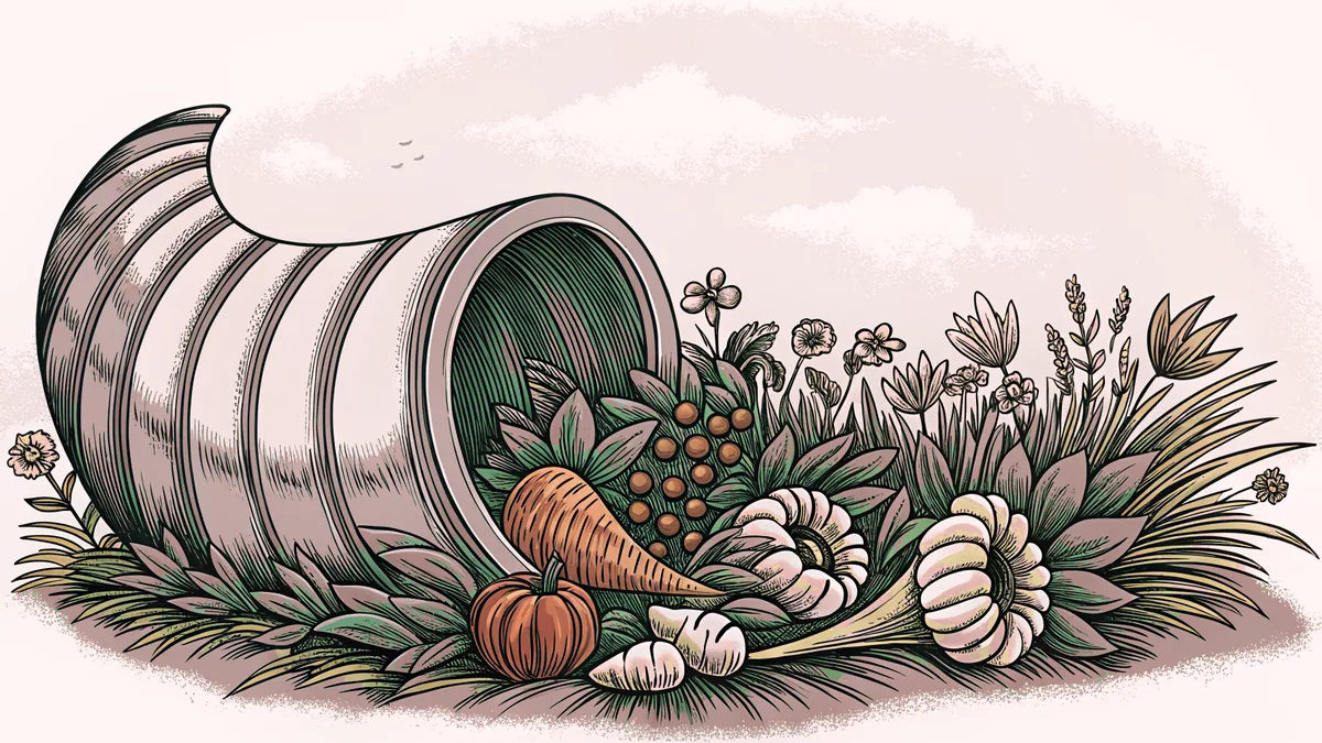 A golden cornucopia tilted and overflowing with seasonal produce and blooms.