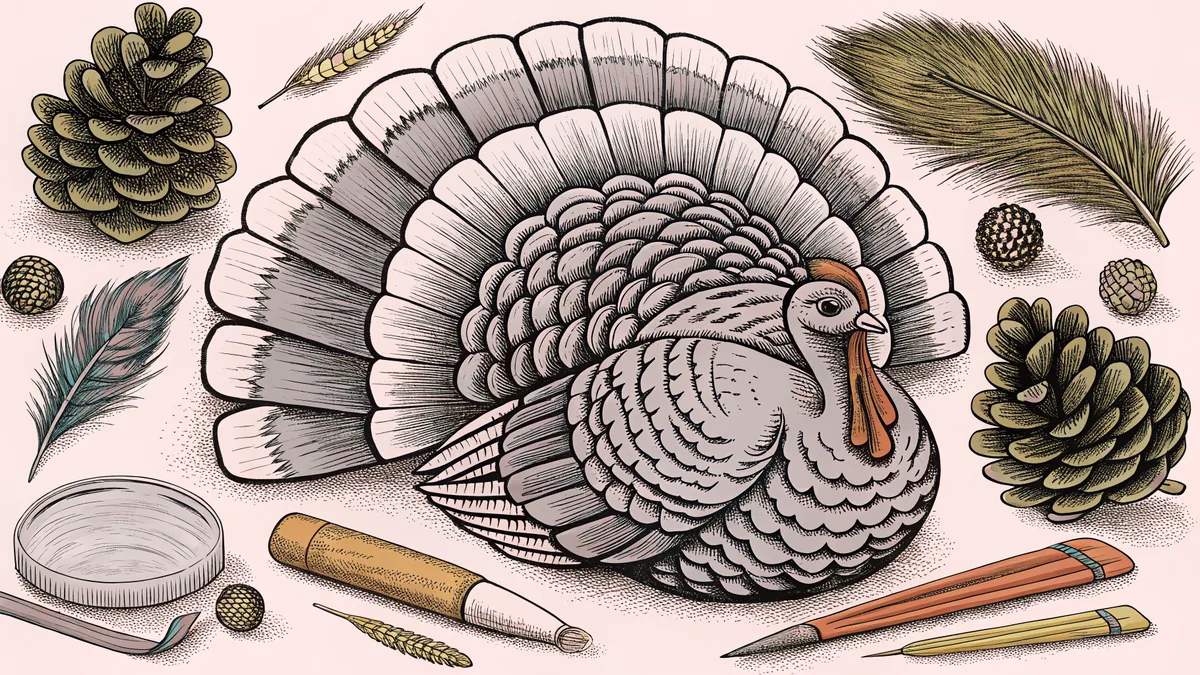 Craft supplies—feathers, pompoms, glitter, and paintbrushes—surround a colorful handmade turkey.