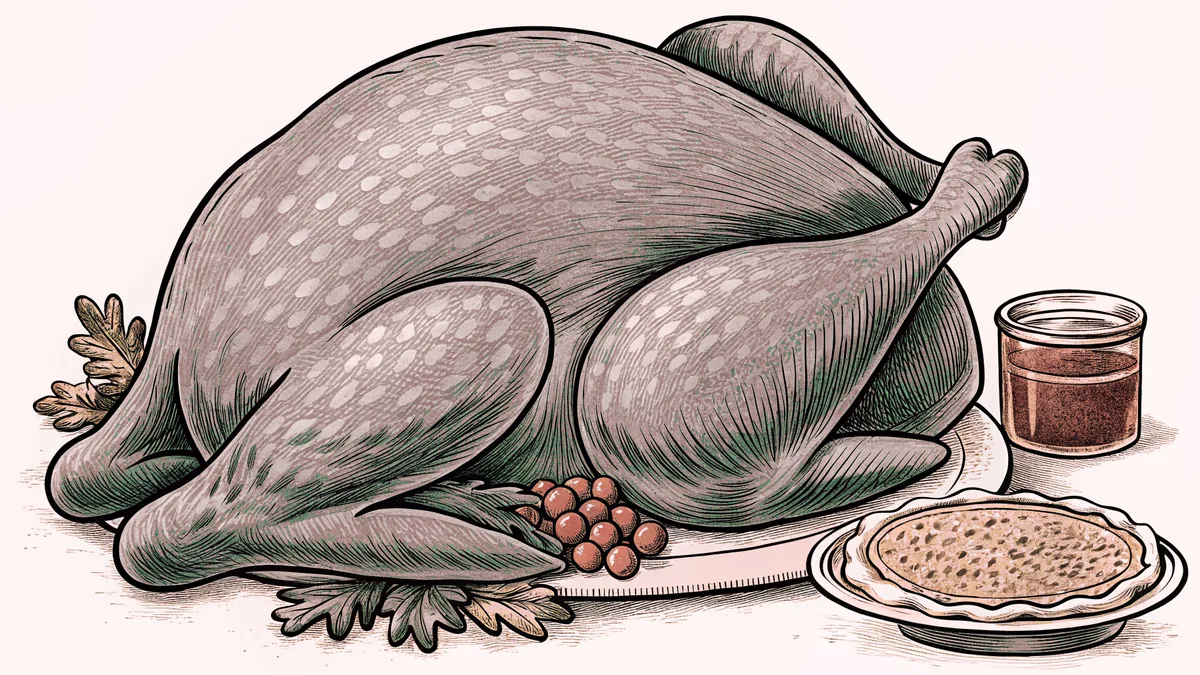 A golden roasted turkey surrounded by autumn harvest dishes on a table.