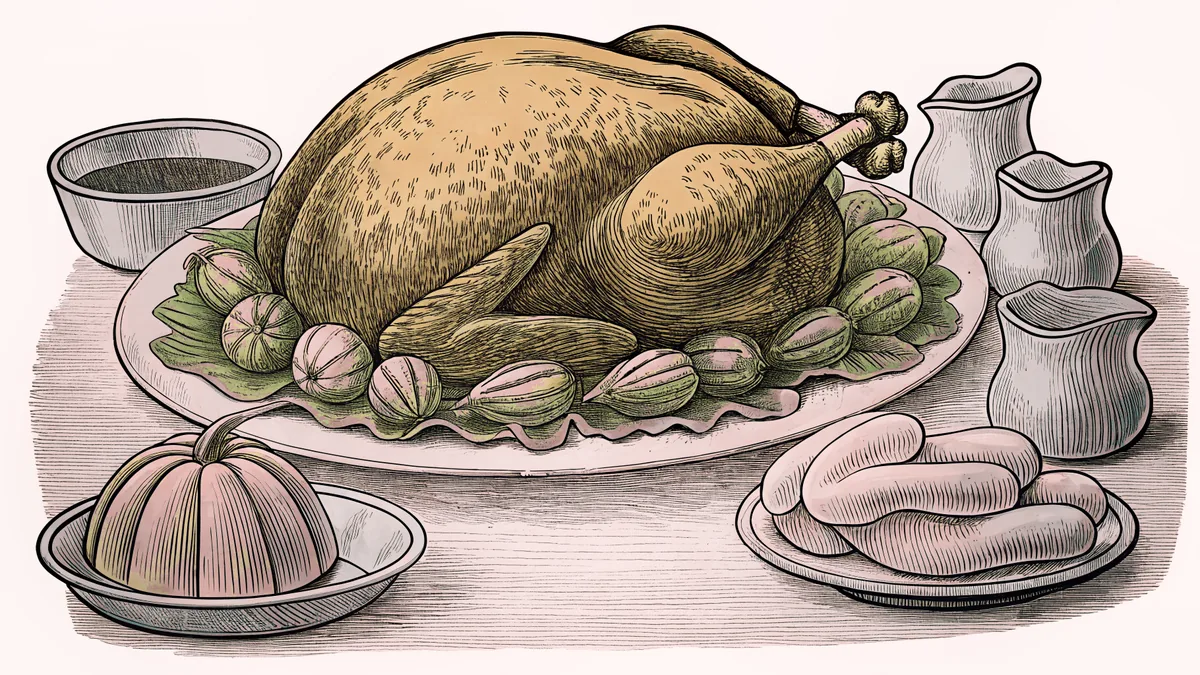 A golden roasted turkey on a platter with sides of squash, rolls, and gravy.
