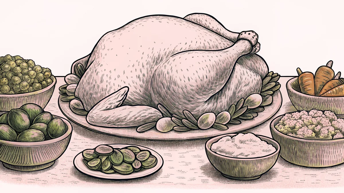 Traditional Thanksgiving dishes arranged on a harvest table with turkey as the centerpiece.