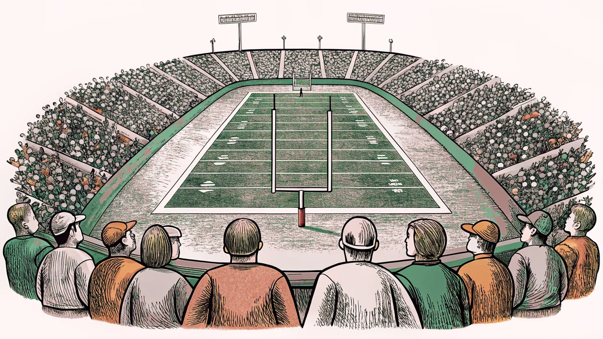 A football soars toward the end zone as crowds cheer in a packed stadium.