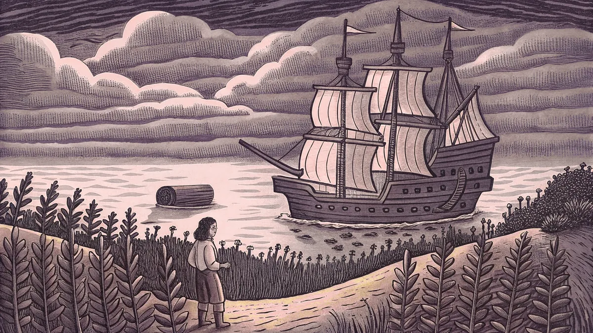 A sailing vessel approaching shore where pilgrims and Native Americans work among golden cornfields.