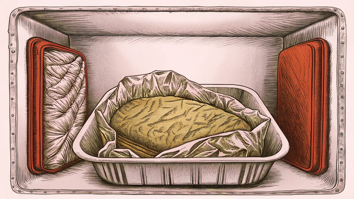 A stacked turkey sandwich dripping with gravy waits beside foil-wrapped containers.