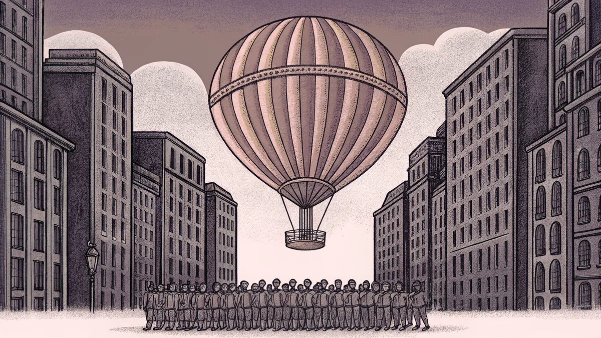 A giant colorful balloon floats above a marching band with drums on a city street.