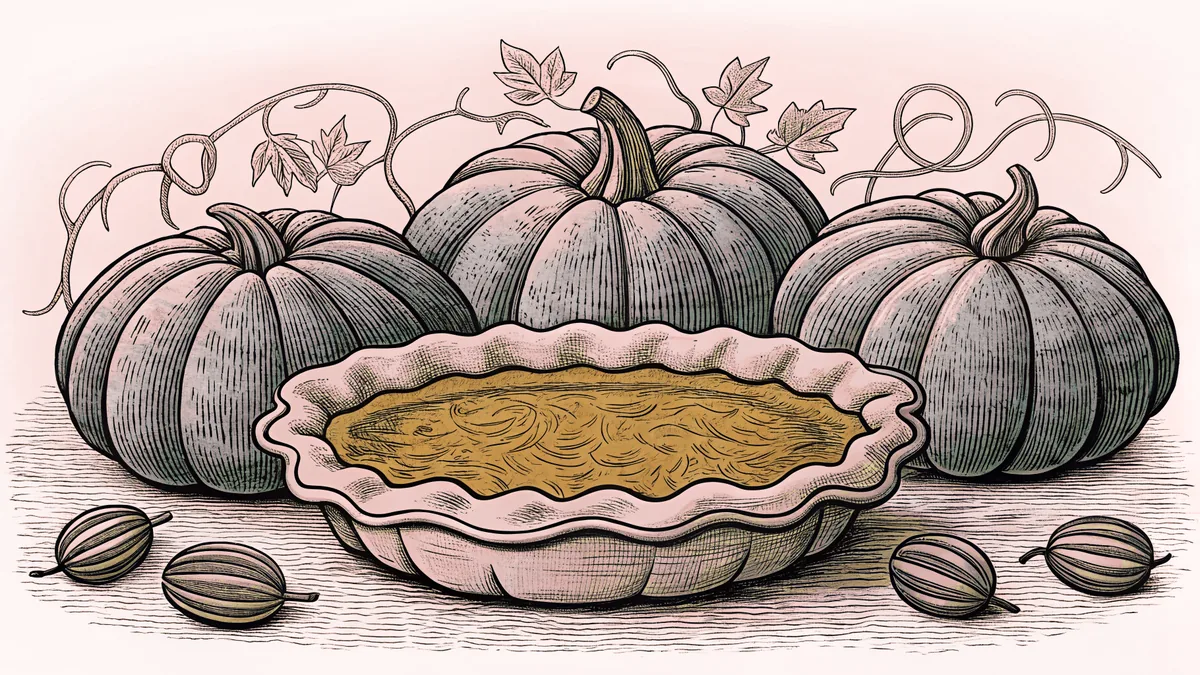 A freshly baked pumpkin pie displayed with whole pumpkins and roasted seeds nearby.