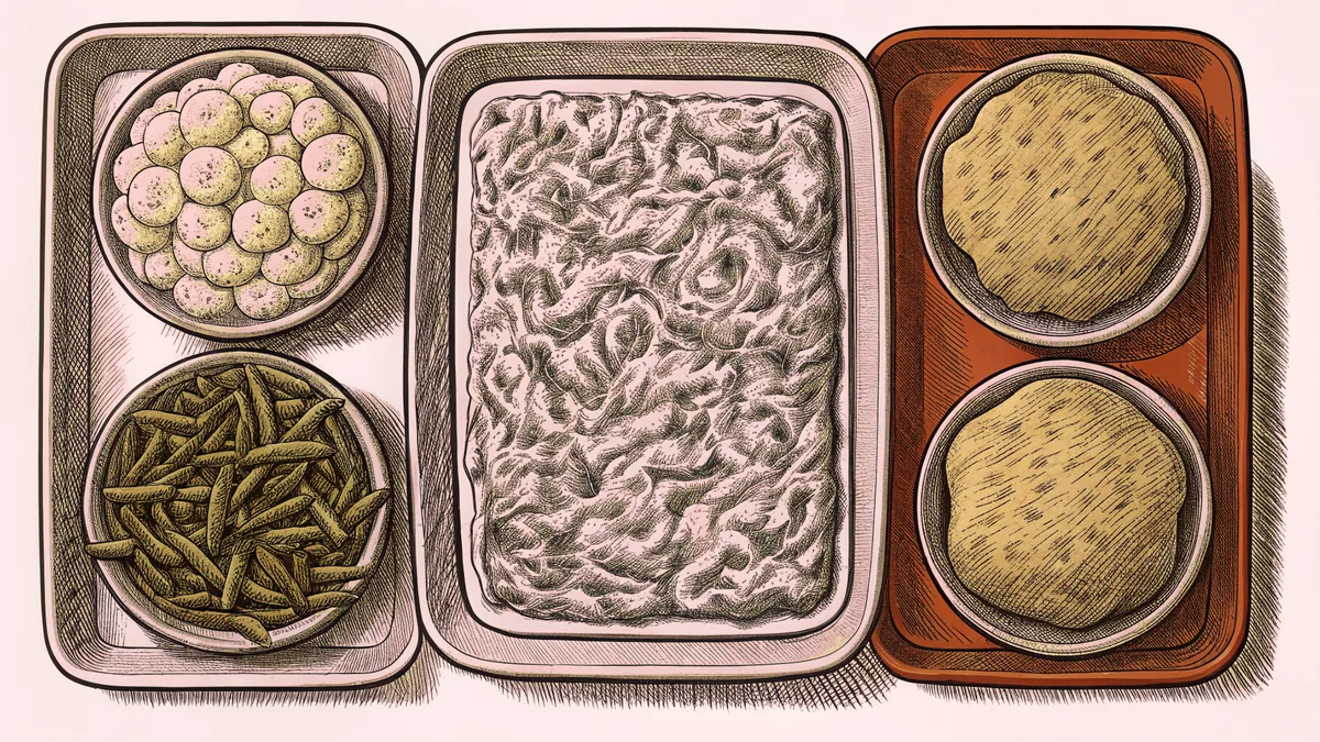 A golden cornbread loaf sits beside creamy mashed potatoes and a vegetable casserole.