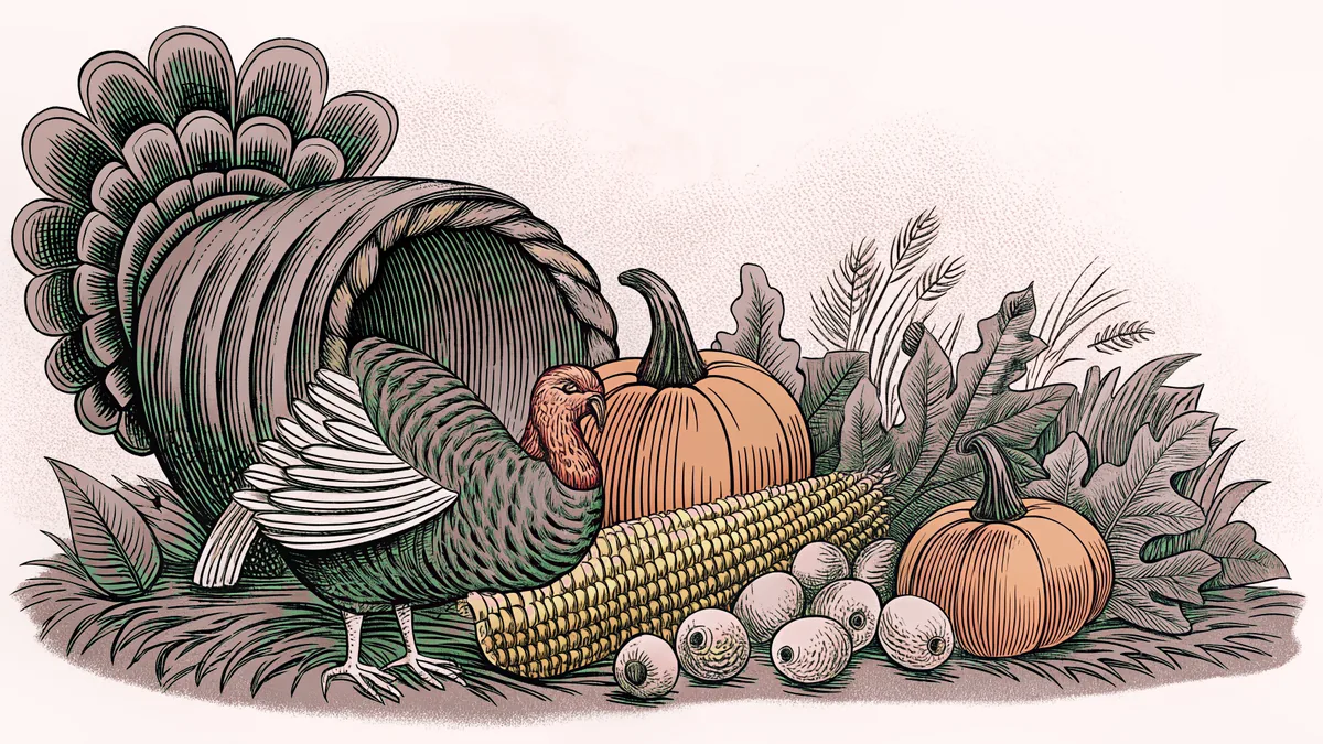 A horn of plenty spilling over with autumn crops, gourds, and fowl in golden light.