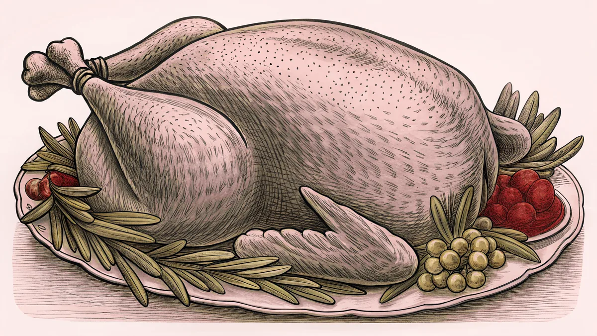 A golden roasted turkey surrounded by herbs and traditional Thanksgiving side dishes.