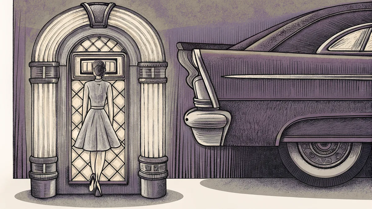 A glowing jukebox stands beside a poodle skirt and the chrome tailfin of a classic car.