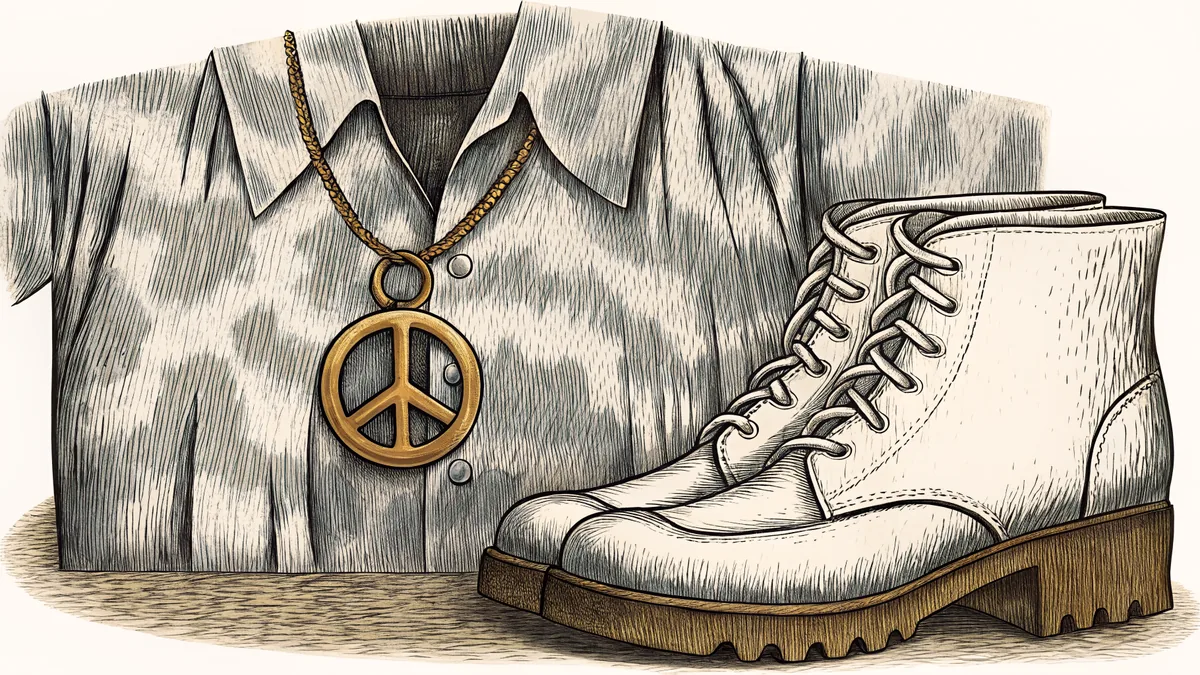 A peace symbol pendant rests beside a pair of go-go boots and a swirling tie-dyed shirt.
