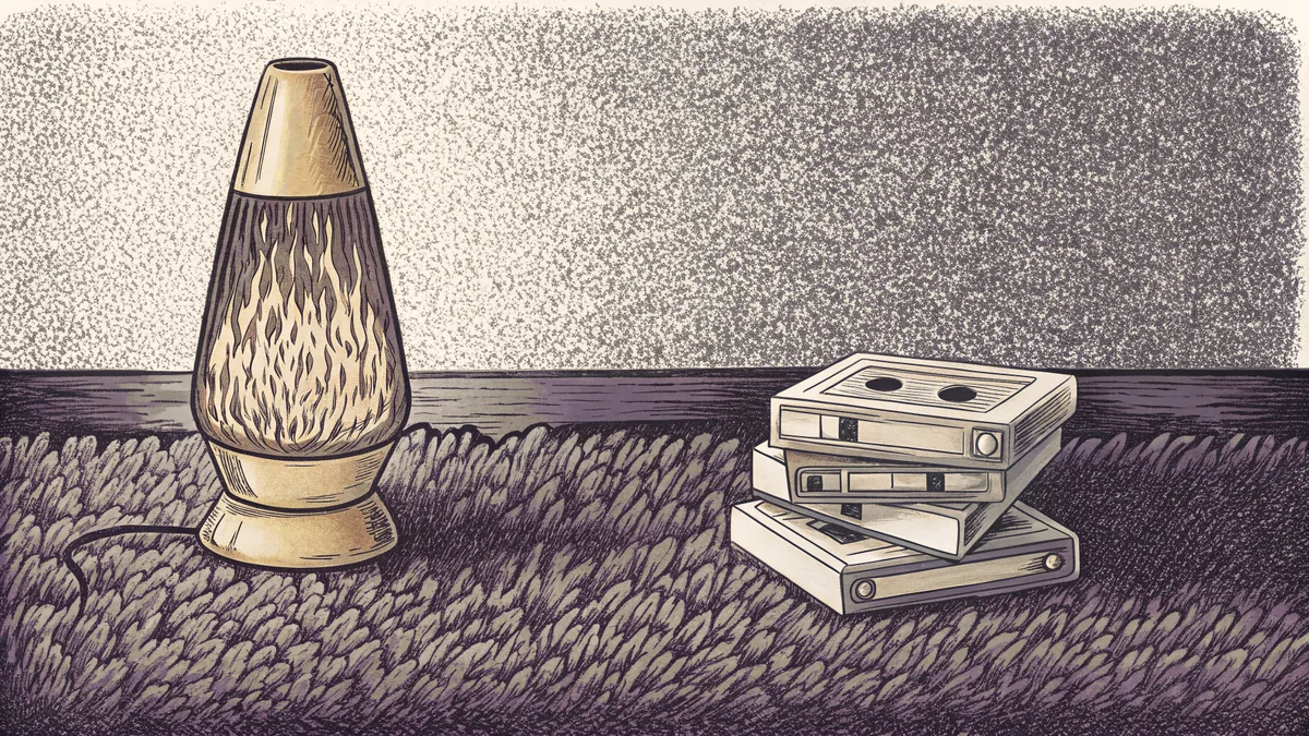A lava lamp glows beside a stack of blank eight-track tapes resting on thick shag carpet.