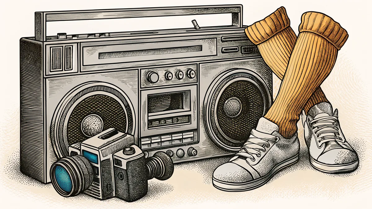 A boombox and a camcorder sit beside a pair of glowing neon leg warmers.