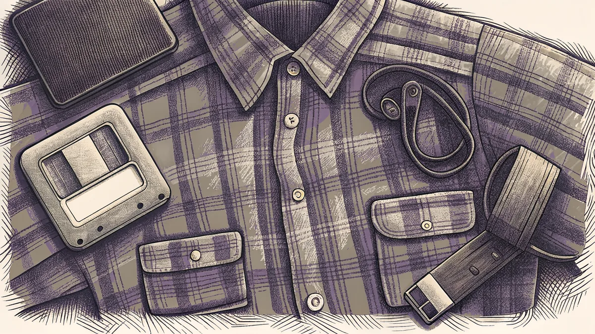 A pager and a blank floppy disk rest beside a flannel shirt and colorful slap bracelets.