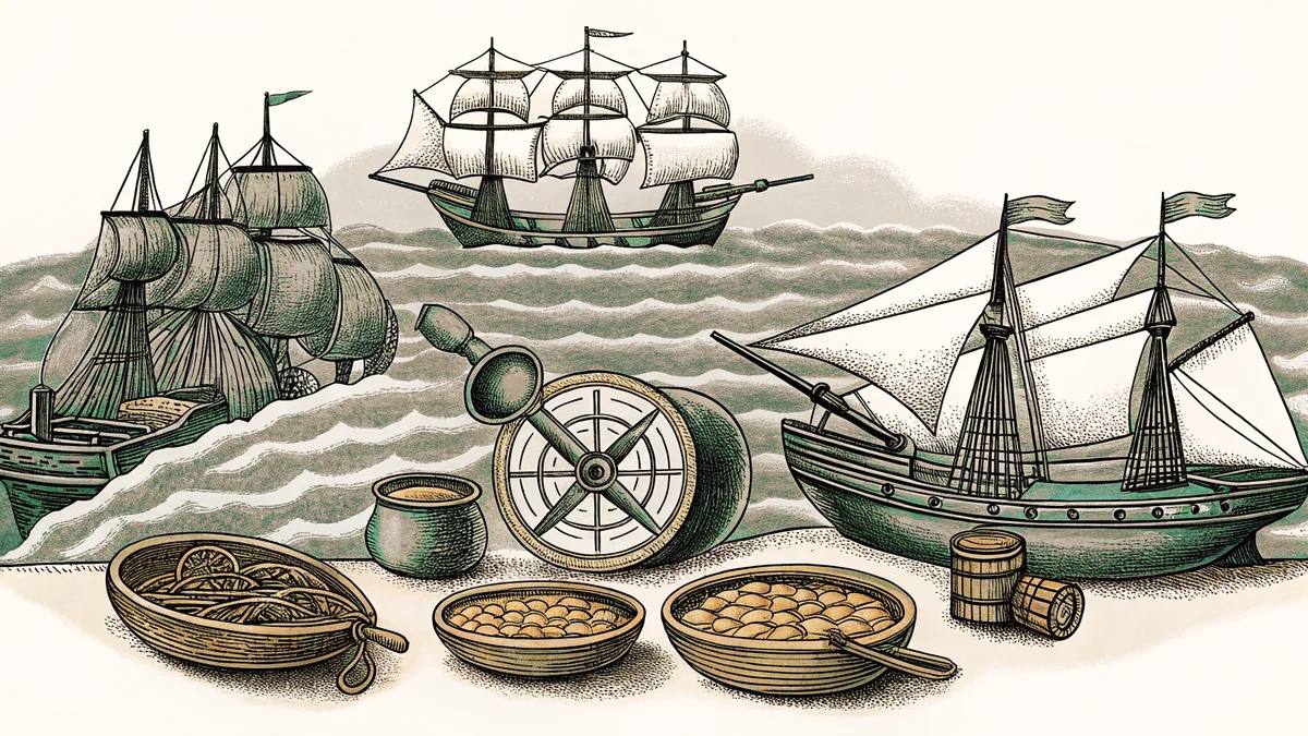 An age of exploration harbor with ships, navigation tools, and cargo.