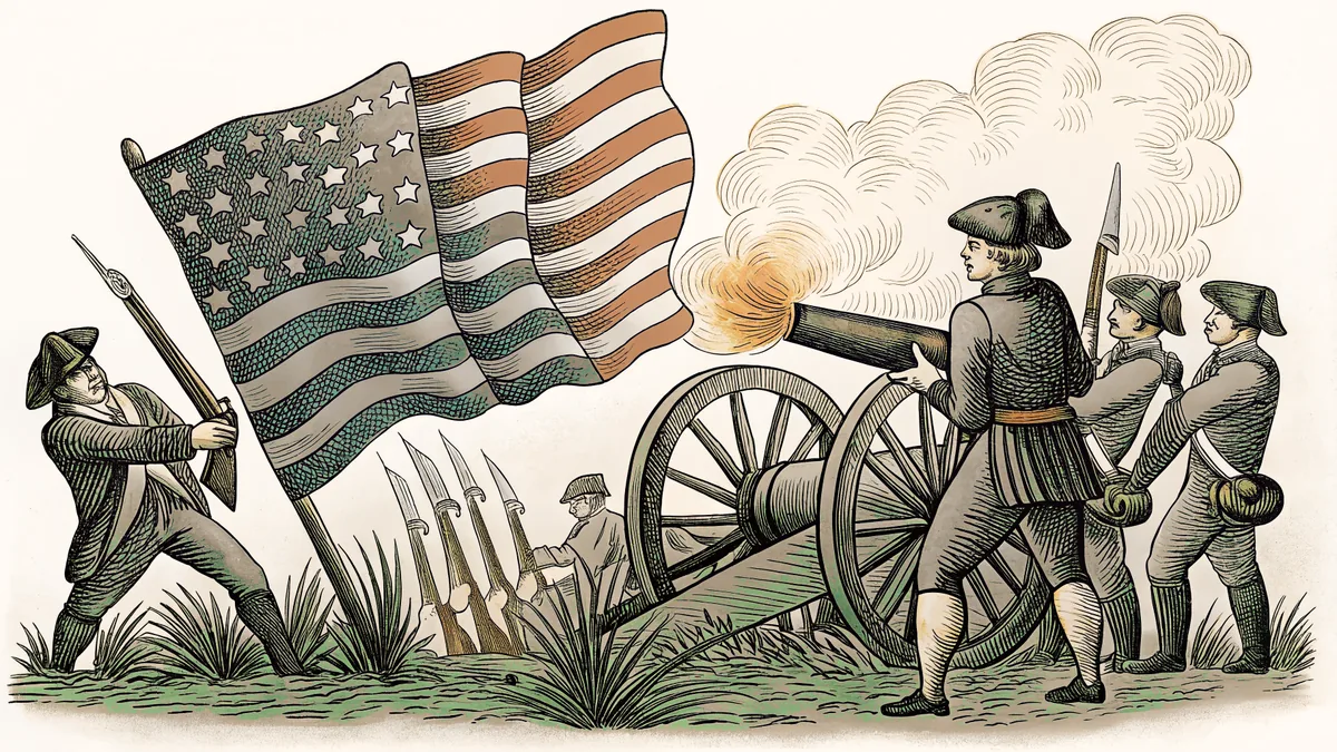 Colonial minuteman firing a cannon surrounded by soldiers carrying muskets with liberty flags waving above.