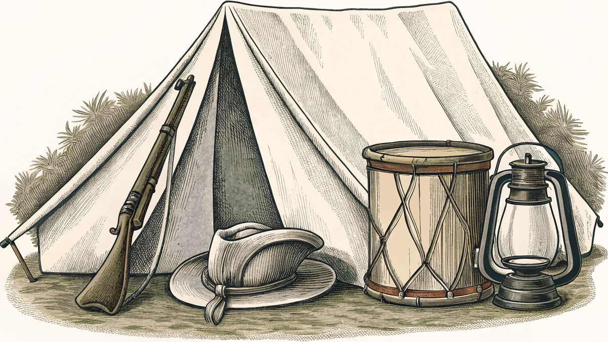 A tricorn hat rests on a musket beside a drum and a lantern in a colonial camp.