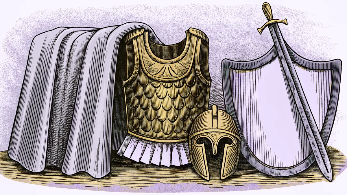 Complete armor including a shining breastplate, helmet, shield, and sword gleaming.