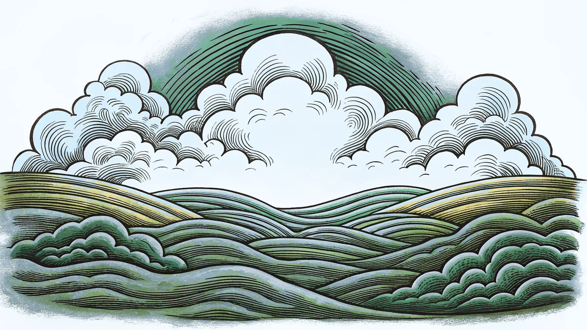 Banded clouds and shimmering aurora curving above the planet's horizon.