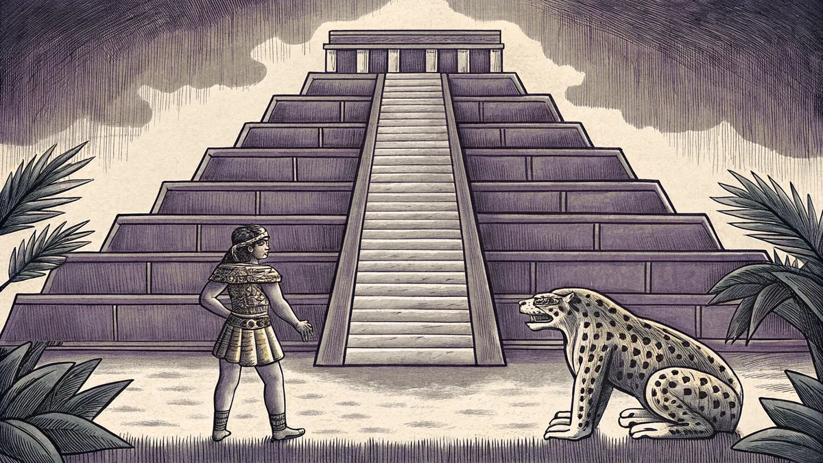 Aztec warrior wielding an obsidian blade confronts a jungle jaguar before towering pyramid temples.