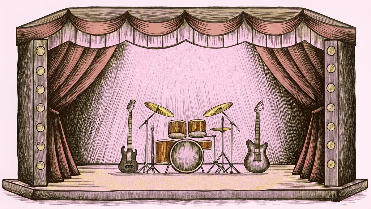 Vintage musical instruments including a guitar and drum kit on a concert stage.