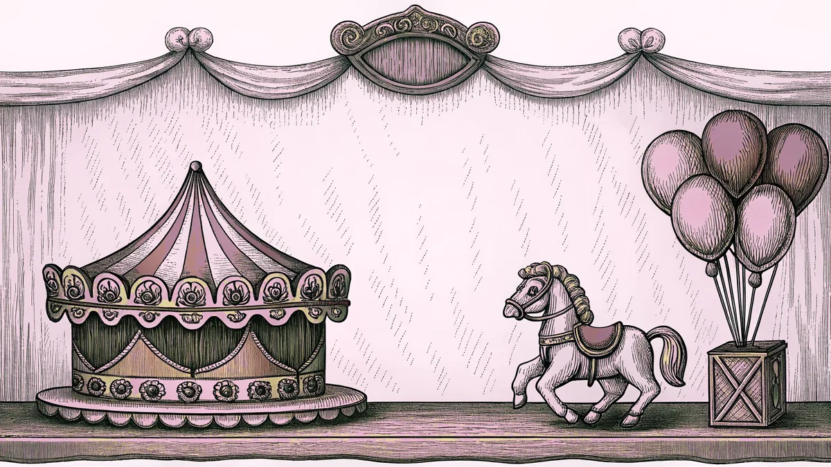 Balloons and a music box rest beside a carousel horse on a shelf.