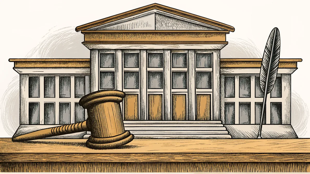 A wooden gavel rests beside a quill and inkwell on an old courthouse desk.