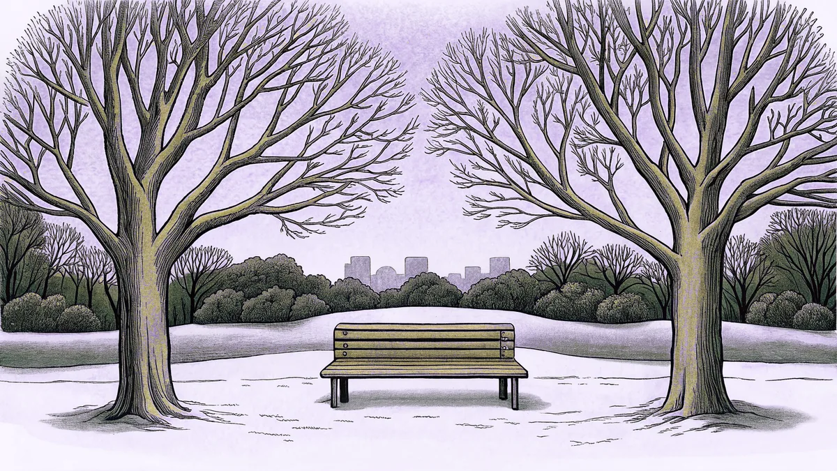 A snow-covered park bench sits beneath bare winter trees before a distant city skyline.