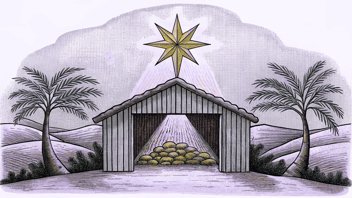 A bright star shining over a humble stable with a manger and precious gift offerings.