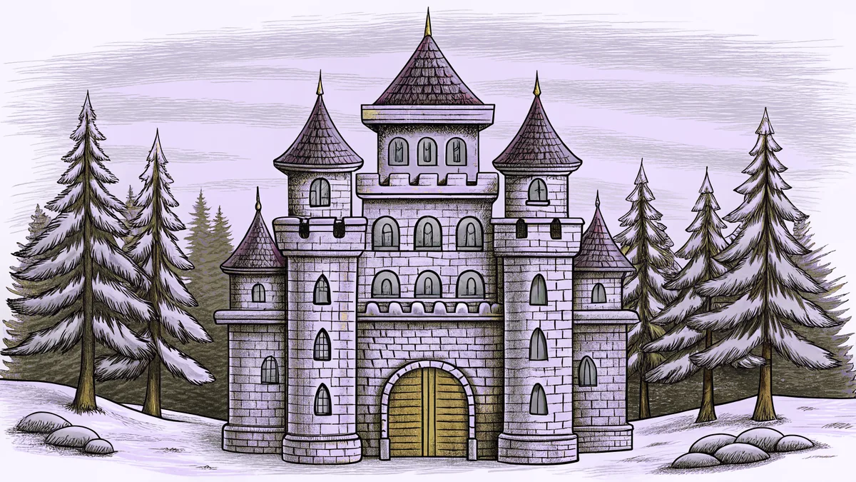 A stone castle stands among misty mountains beside a snow-covered forest.