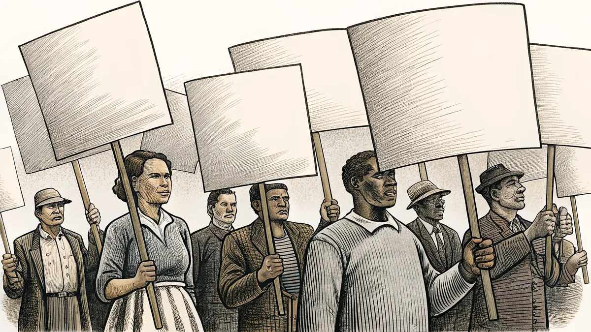 Civil rights marchers carrying blank signs walk together toward a future of freedom and equality.