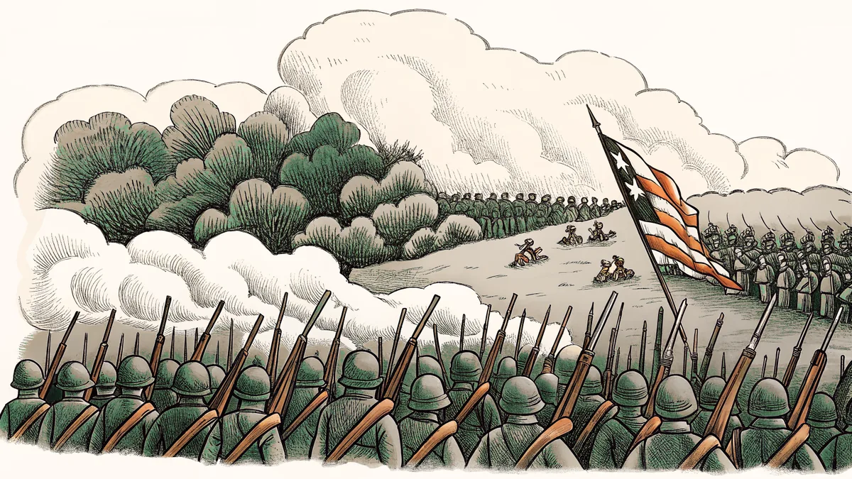 A Civil War battlefield scene with soldiers and military action.