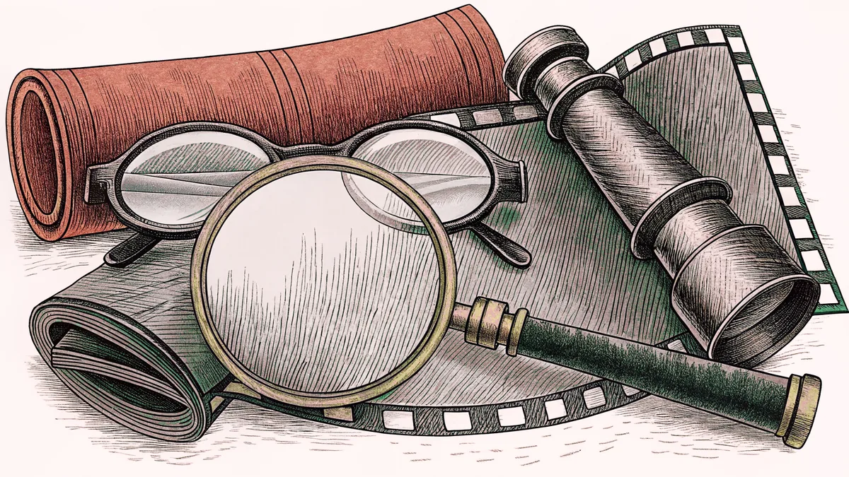 Round spectacles and a magnifying lens resting beside a brass optical device.
