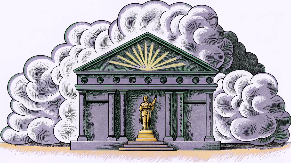 Glowing furnace with flames engulfing golden statue as smoke rises