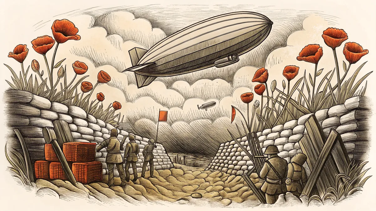 A World War I battlefield scene with trenches and aircraft.