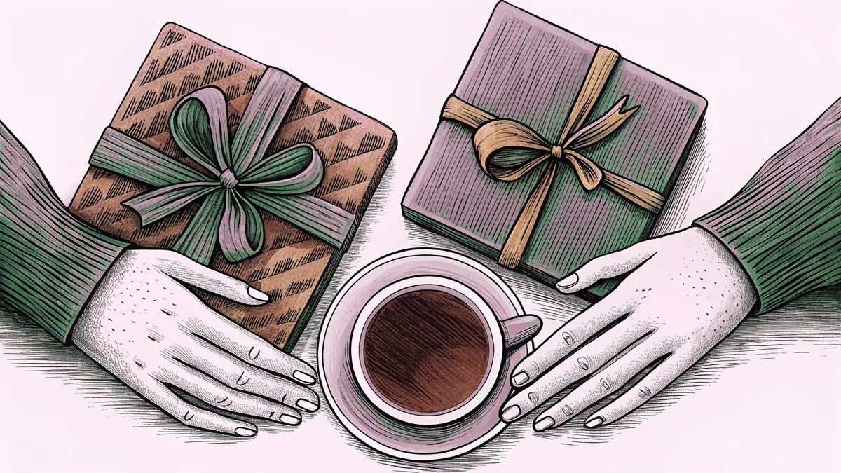 Hands clasp above a table adorned with gift boxes and a cup of tea.