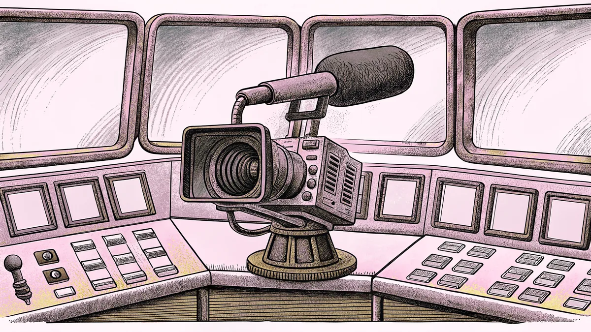 A studio camera and boom microphone sit beside a control-room console with monitors.