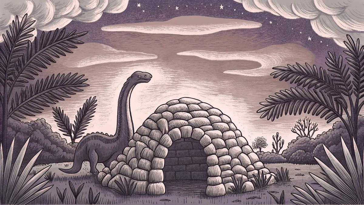 Stone Age cave home with dinosaur in prehistoric landscape