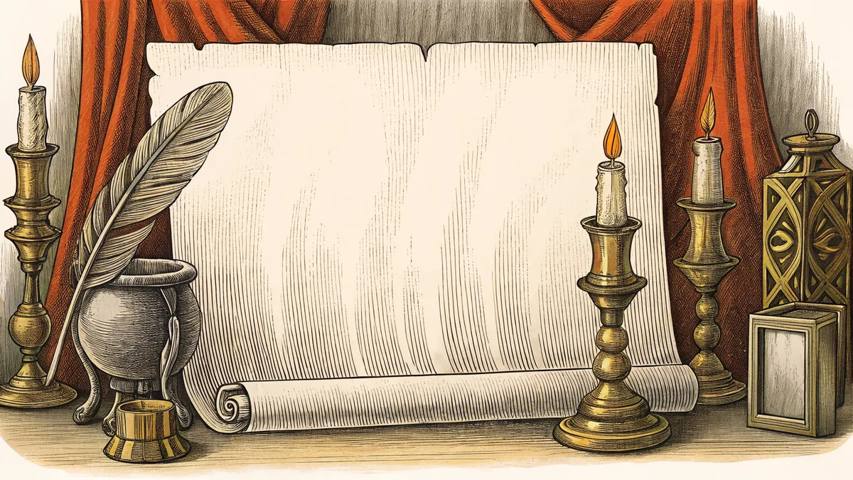 Quill and inkwell positioned beside aged blank parchment surrounded by candlelight and eighteenth-century artifacts.