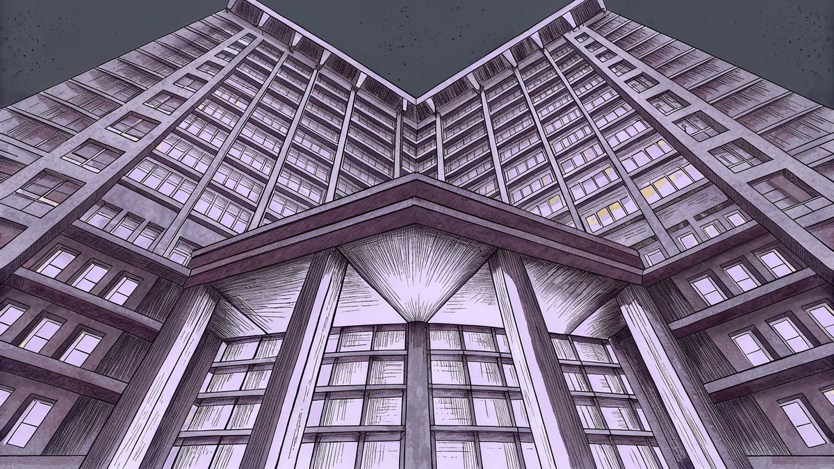 A modernist tower rises mid-construction, its dramatic steel beams at sharp angles casting deep geometric shadows.