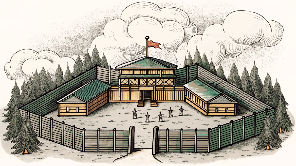 A frontier fort scene with soldiers and military action.