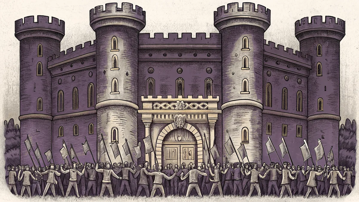 A French Revolution scene with the Bastille and citizens.