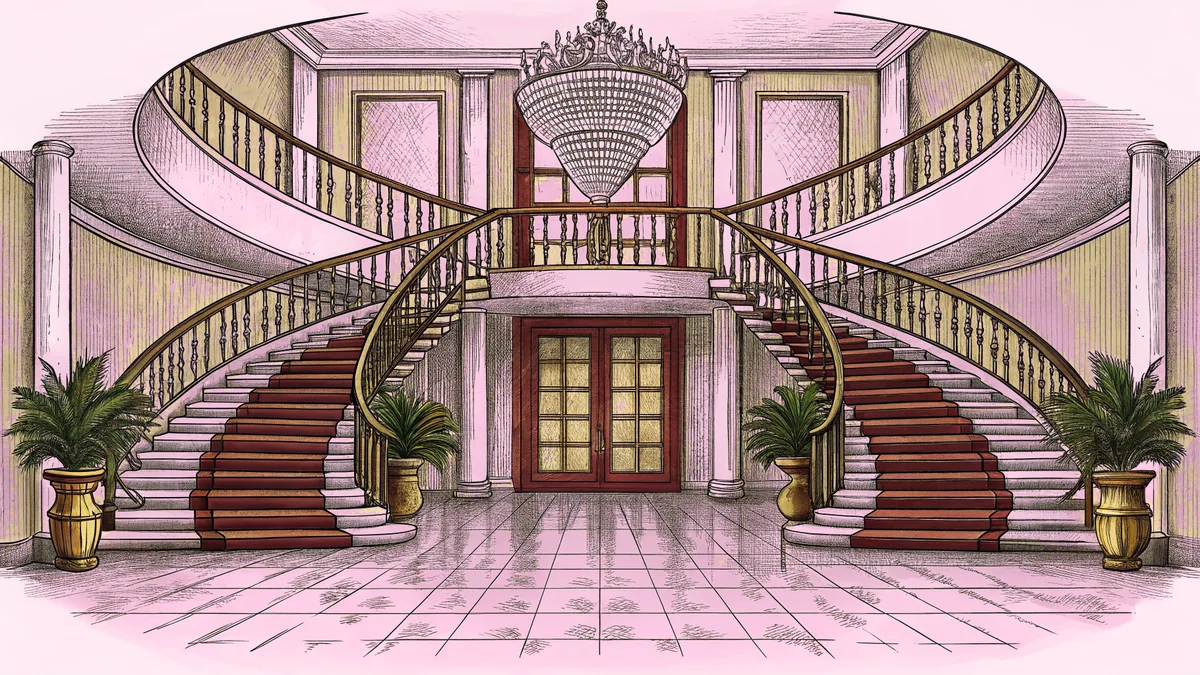 A magnificent spiral staircase curves beneath an ornate crystal chandelier in a grand foyer.